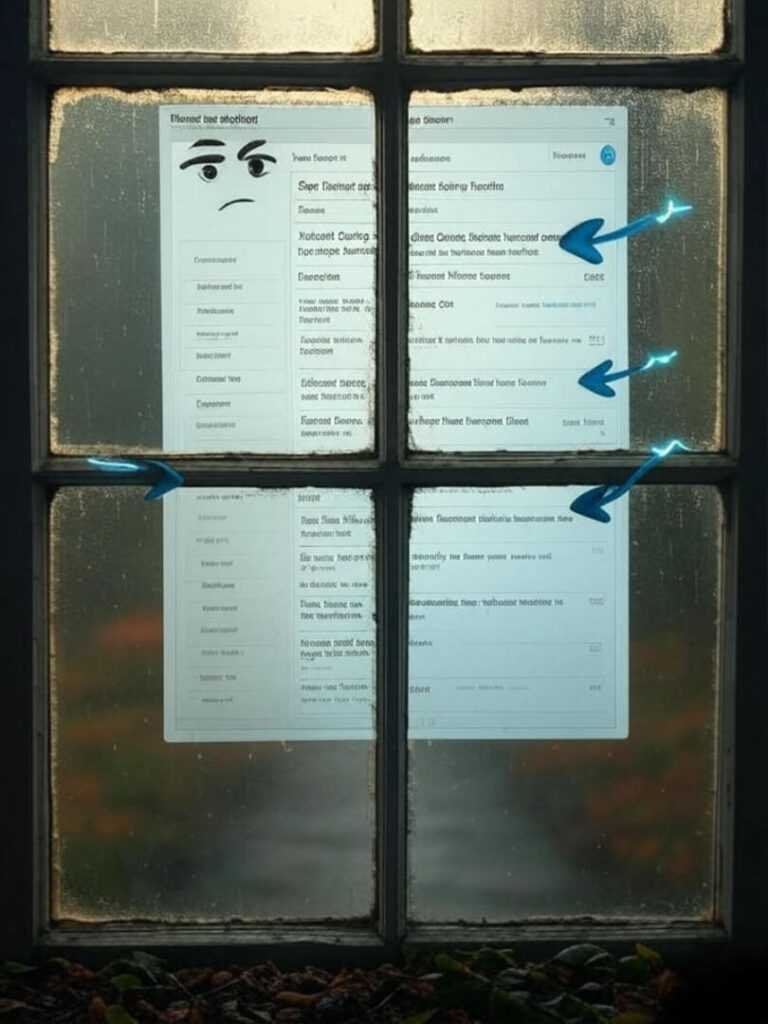 Foggy window reflecting puzzled face, arrows on search page.