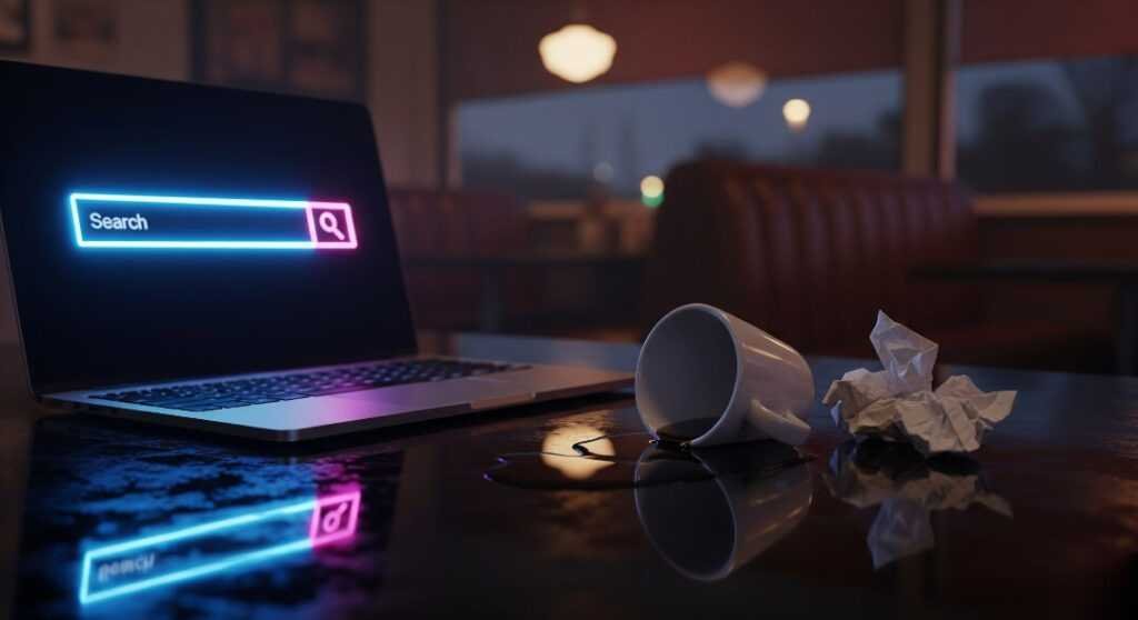 Neon-lit search bar on laptop in dim diner.