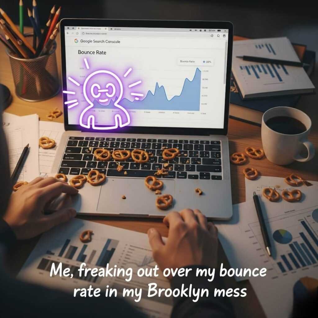 Desk: laptop, pretzels, "freaking out over bounce rate.