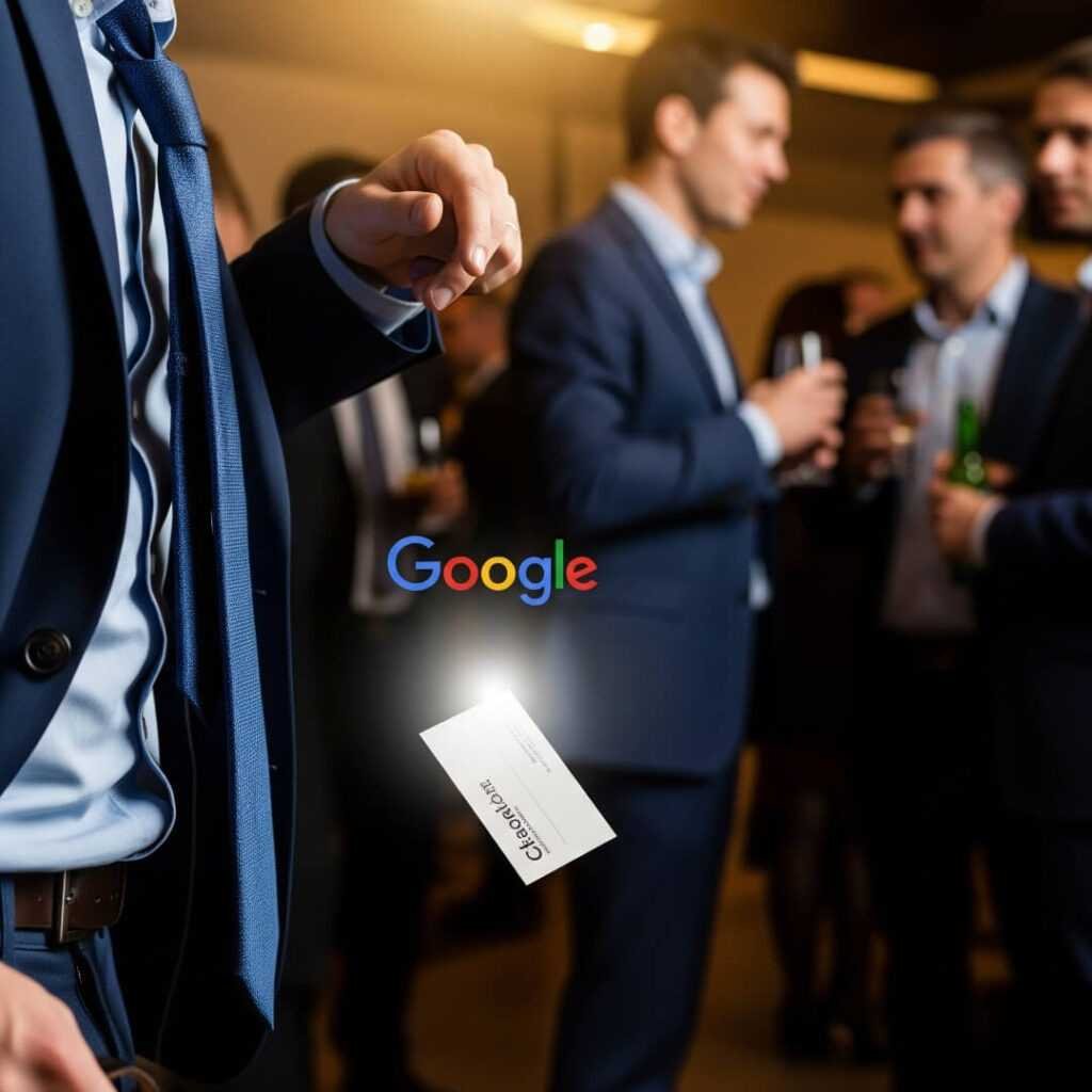 Crooked tie, dropped business card, Google logo