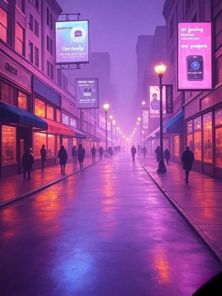 Dreamy neon Portland street with glowing search billboards.