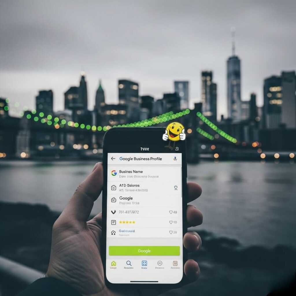 Hand holding phone with Google Business Profile, Brooklyn skyline.