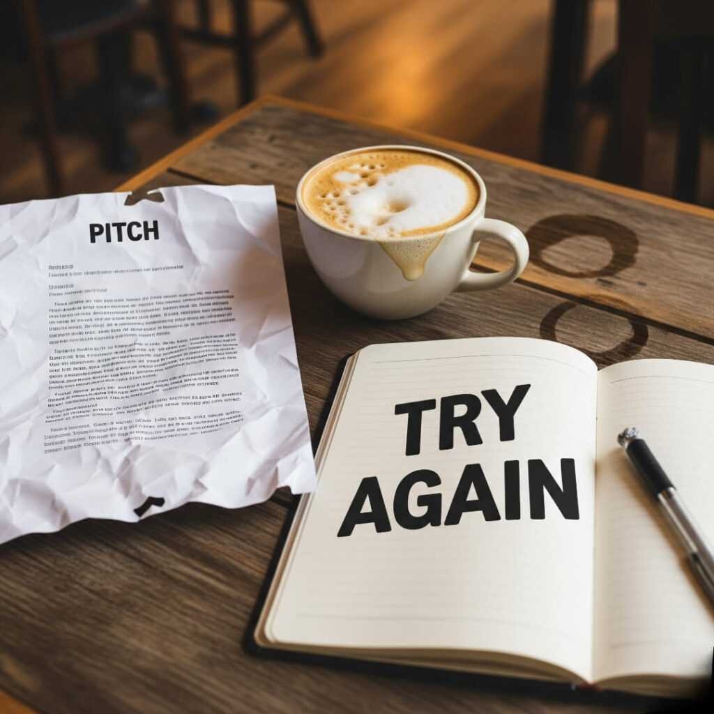 Crumpled paper and a notebook on a cafe table