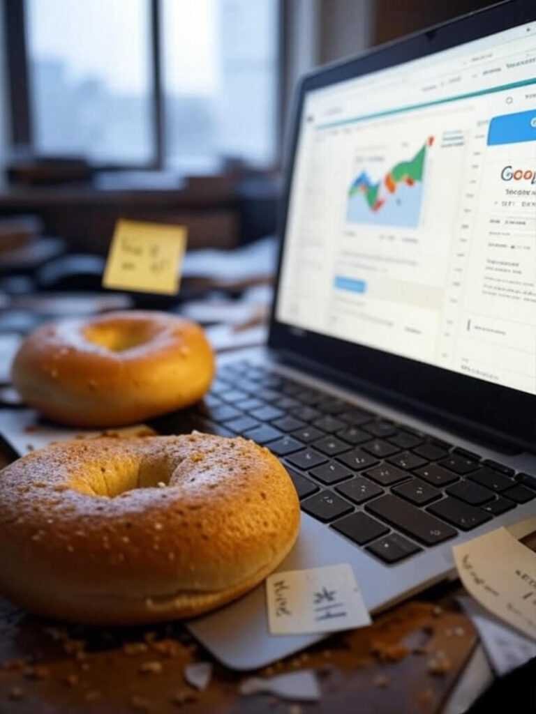 Messy desk, laptop, half-eaten bagel, "Rank #1!" note.