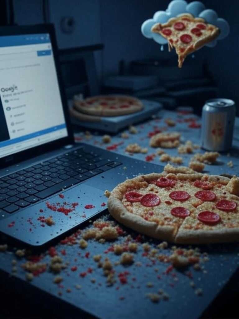 Messy desk, laptop dashboard, raincloud tosses pizza, crumbs.