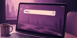 Google Search fracturing into AI, coffee-stained Chicago view.