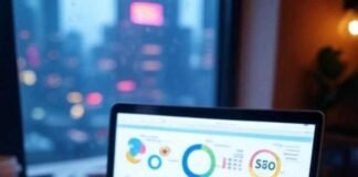 Messy Seattle desk with laptop, SEO notes, robot.