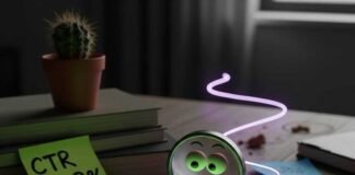 Brooklyn desk: cactus, phone with googly-eyed magnifying glass.