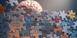 Glowing search bar over chaotic puzzle pieces, brain outline.